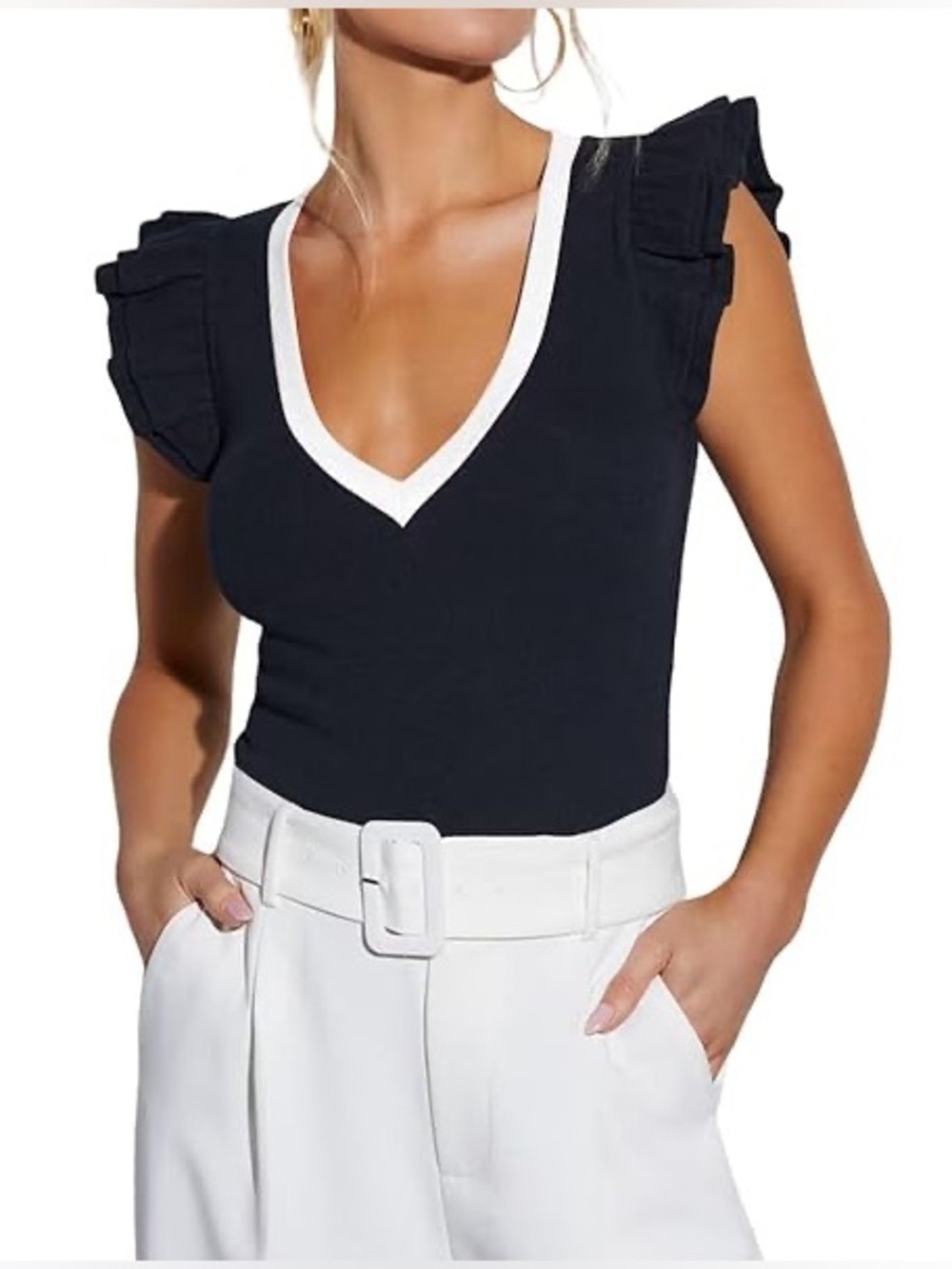 V-Neck Ruffle Sleeve Knit Top - Black with White Trim